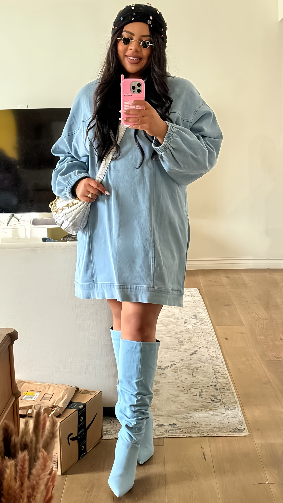 Denim hoodie dress & biking shorts, a bejeweled beanie, mini sunglasses and denim boots were the ideal comfy and cute look for my day of thrifting and errands with a girlfriend. 

#LTKstyletip #LTKmidsize #LTKfindsunder50