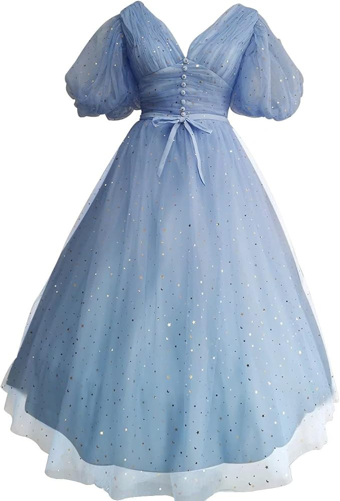 Xijun Women's Sparkle Starry Tulle Puffy Sleeve Prom Dresses Formal Evening Gowns with Split | Amazon (US)