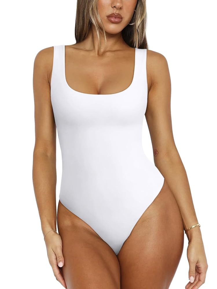 REORIA Bodysuit for Women Scoop Neck Sleeveless Tank Top Bodysuits 2025 Sexy Thong Bodysuit Basic... | Amazon (US)