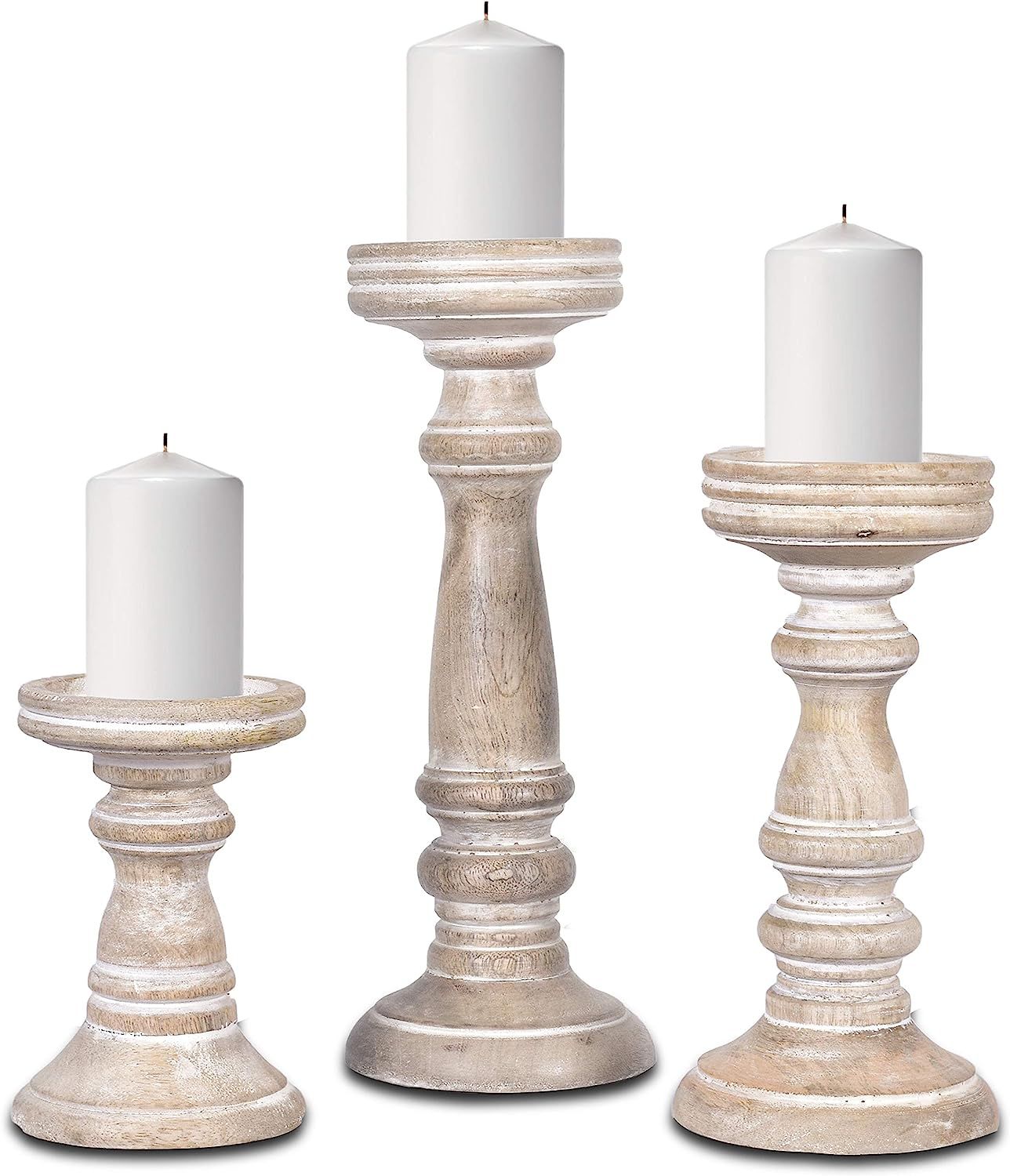 Hand Crafted Wooden Pillar Candle Holders, Set of 3 - Rustic Candle Holders for Living Room, Tabl... | Amazon (US)