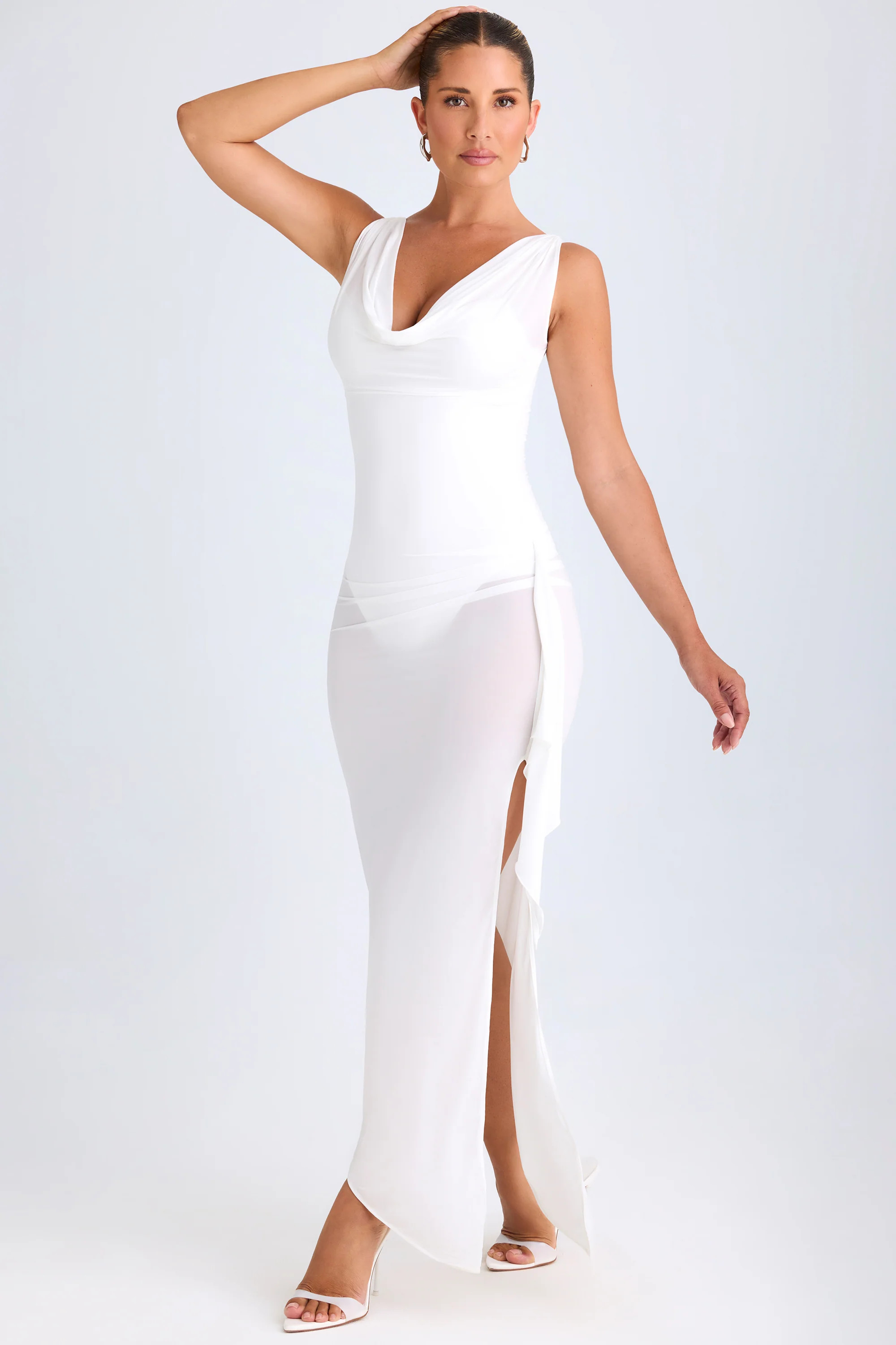 Ruffle-Trim Cowl-Neck Midaxi Dress in White | Oh Polly