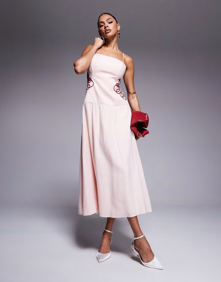 Forever New drop hem embroidered waist maxi dress in powder pink | ASOS (Global)