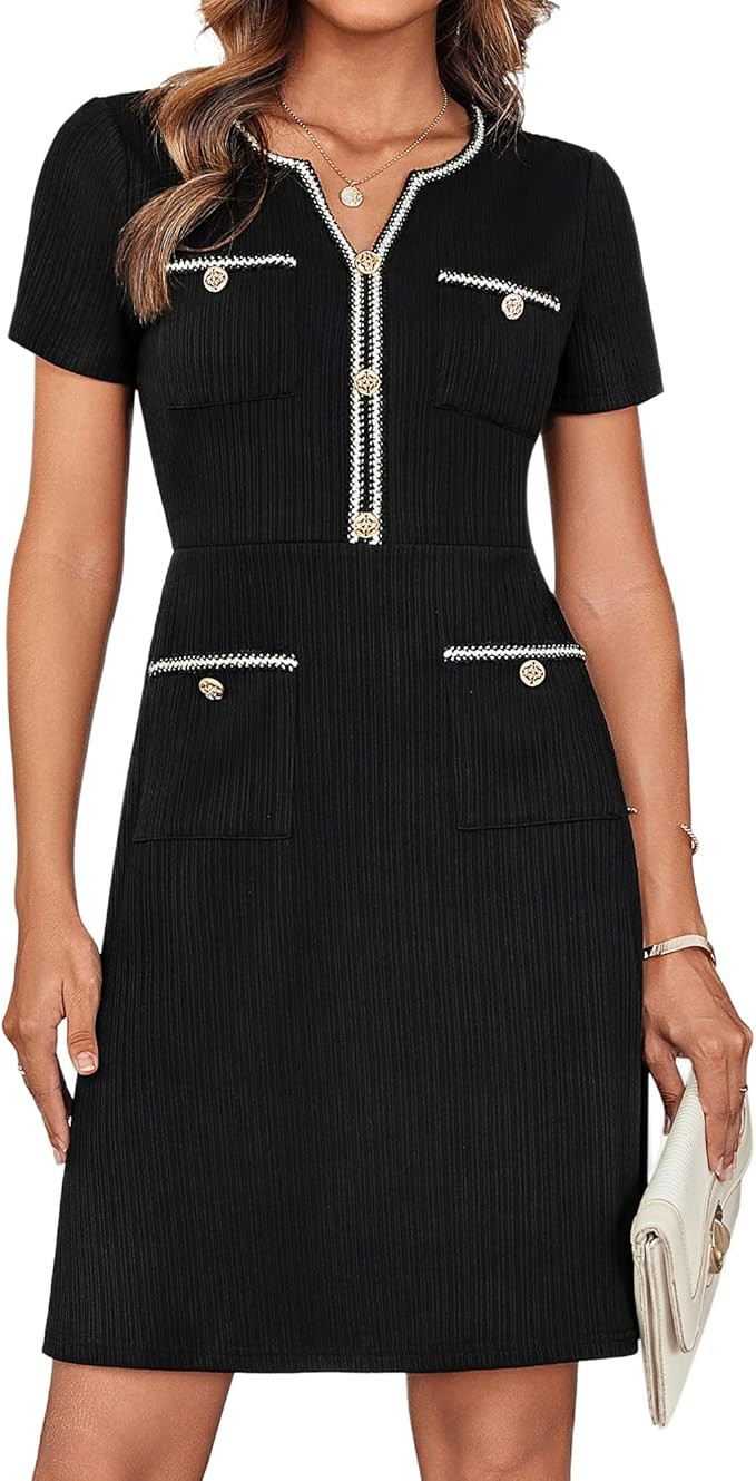 GRACE KARIN Damenkleider V-Ausschnitt Kurzer Ärmel Farbblock A-Linie Formelle Arbeitskleider mit... | Amazon (DE)
