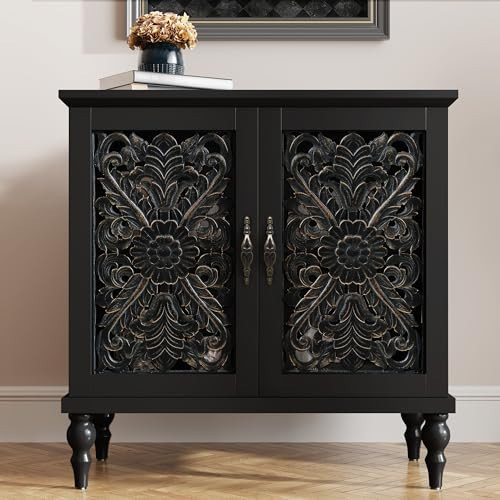 ARTPOWER Accent Cabinet with 2 Doors, Vintage Carved Wood Storage Cabinet, Sideboard Buffet Cabinet with Storage Credenza for Living Room, Kitchen, Dining Room, Entryway, Hallway, Black | Amazon (US)