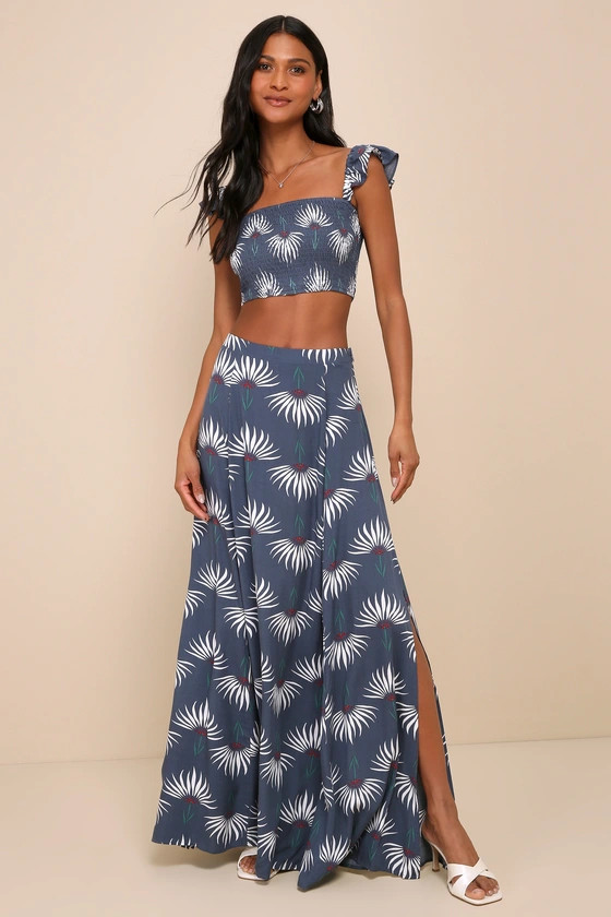 Trancoso Dusty Blue Floral Print Two-Piece Maxi Dress | Lulus