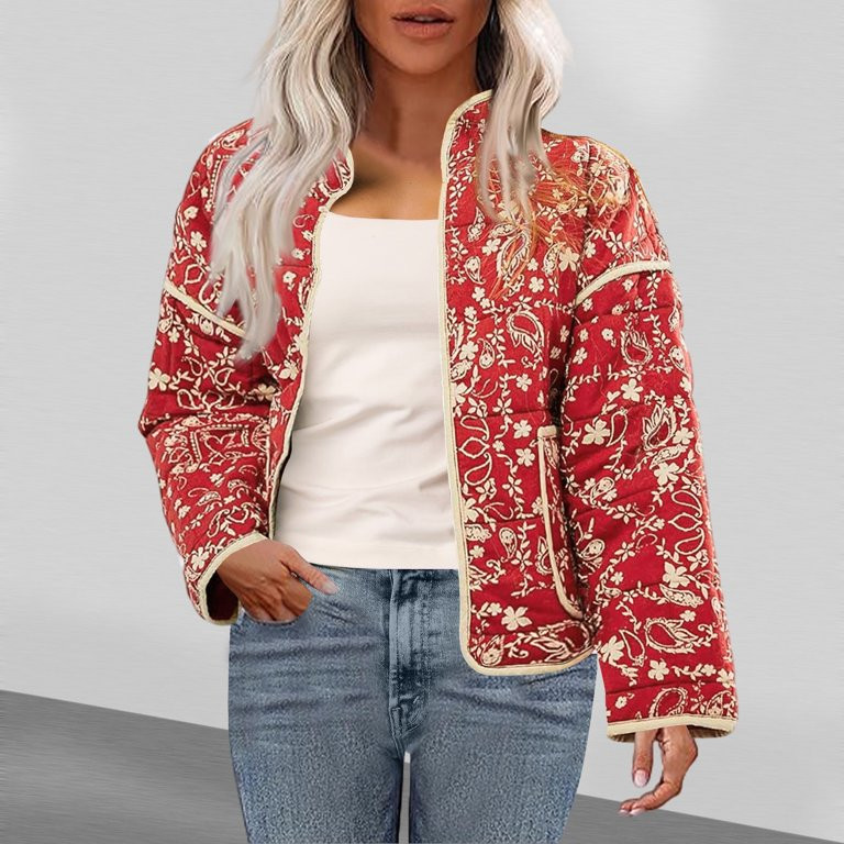 Wancir Warm Quilted Jackets for Women Long Sleeve Floral Print Button Down Puffer Jacket Coats wi... | Walmart (US)