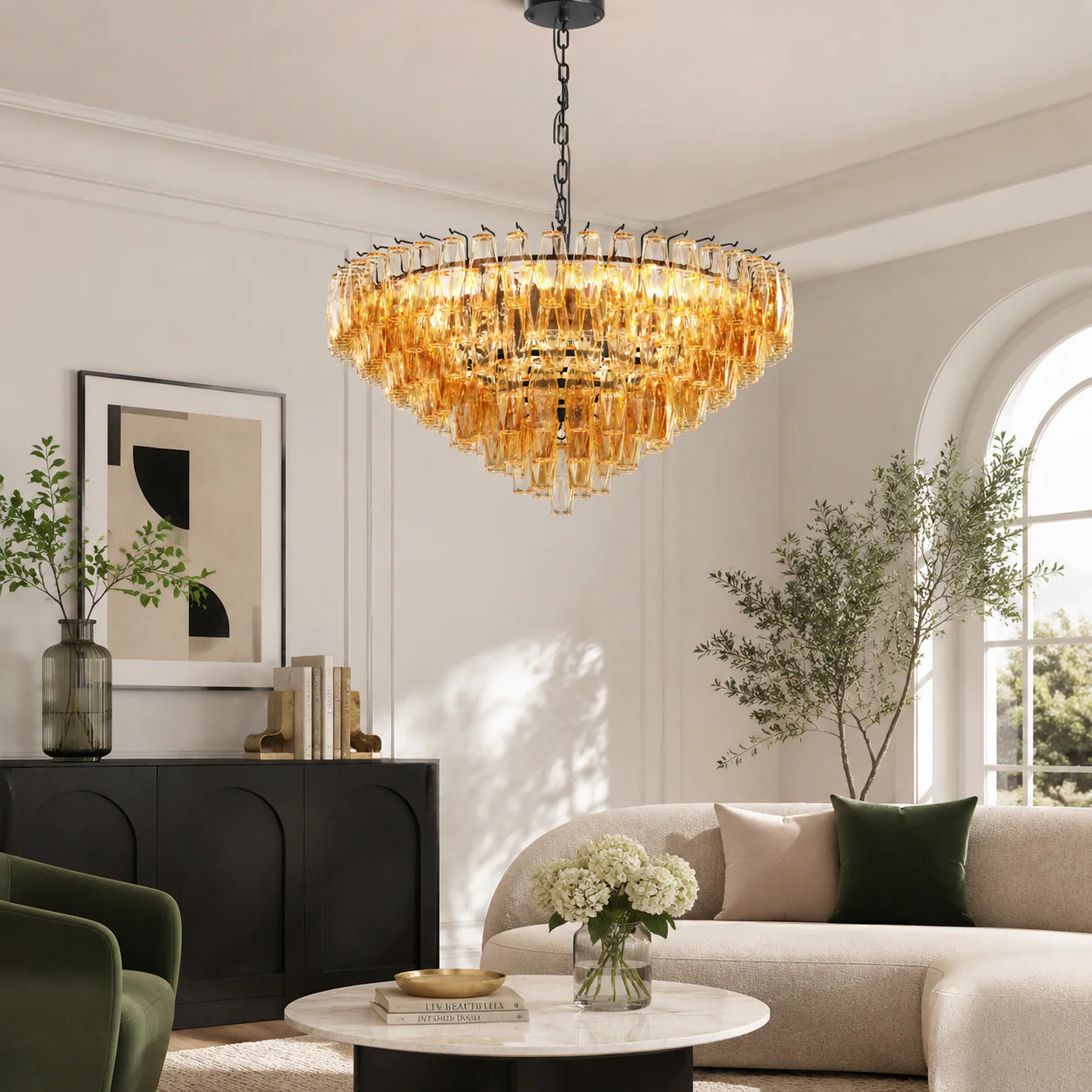 Trivework 37in Extra Large Black Round 14-Light Tiered Smoke Glass Tube Chandelier Adjustable Pendant Light for Dining Living Bedroom Kitchen Island | Lowe's