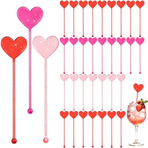 Jansun 36 Pcs Valentine's Day Drink Stirrers, Heart Shape Cocktail Stirrers with Glitter, Pink Coffee Bar Accessories for Wedding, Party, Restaurant and Home Use | Amazon (US)