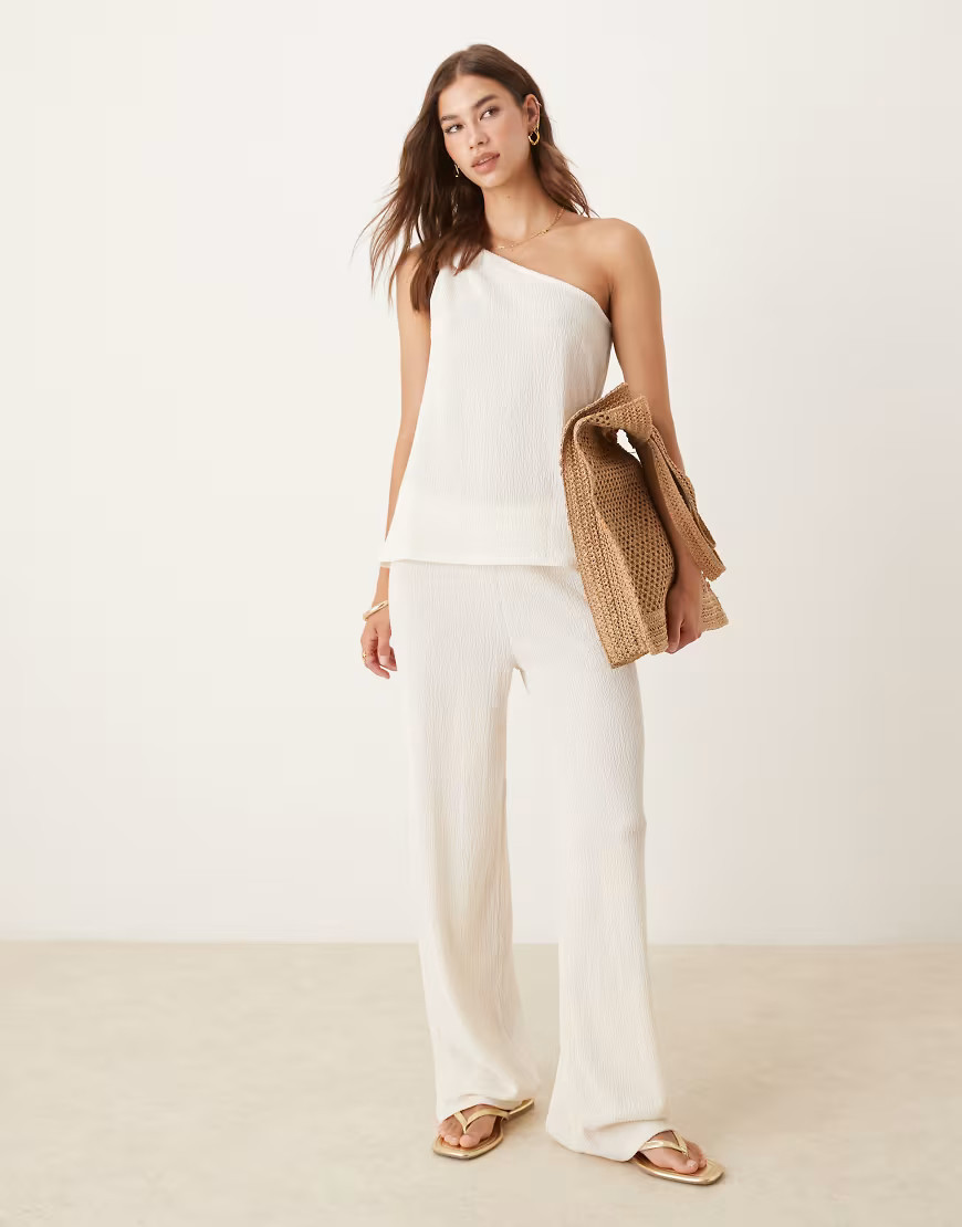 ASOS DESIGN texture crinkle wide leg trouser co-ord in cream-White | ASOS (Global)