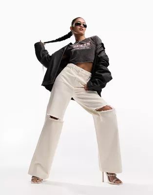 ASOS DESIGN dad jeans in neutral with knee rips | ASOS (Global)