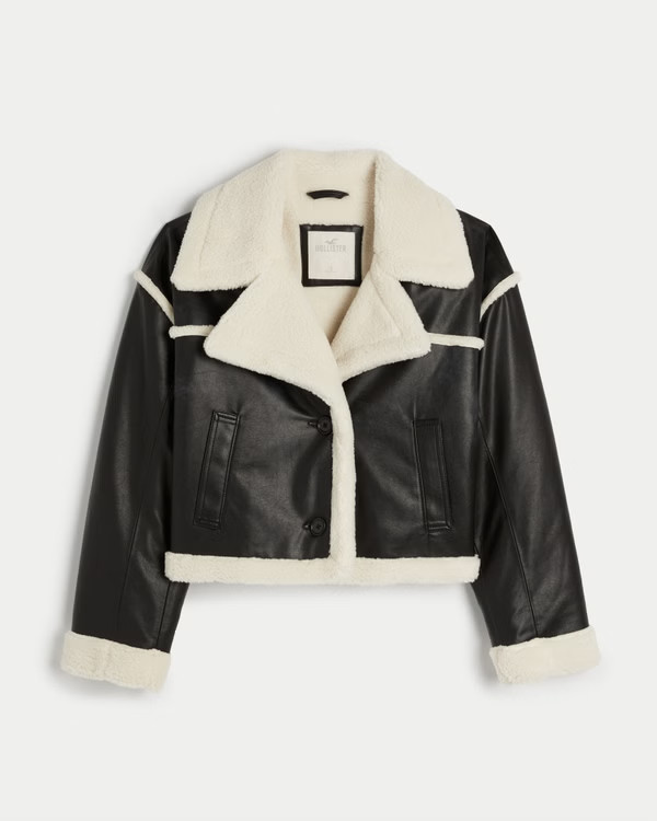 Sherpa-Lined Vegan Leather Crop Biker Jacket | Hollister (US)