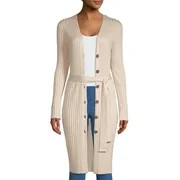 Women's Long Sleeve Button Front Rib Cardigan with Belt | Walmart (US)