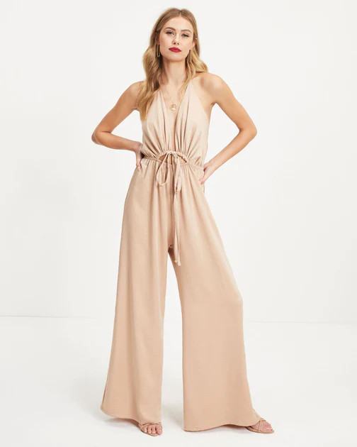 Chelsea Satin Halter Cutout Jumpsuit - Tan | VICI