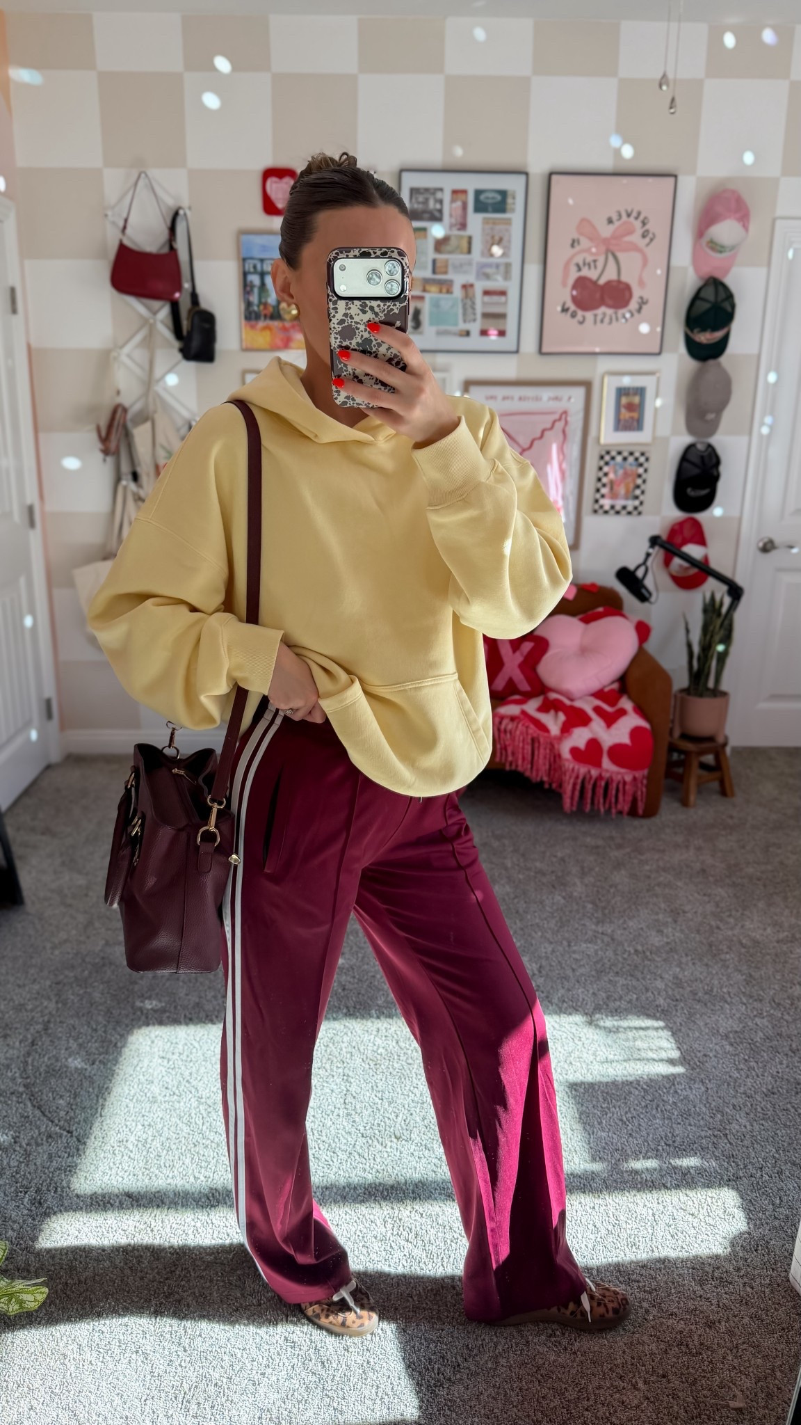 Large yellow hoodie, medium 34 inseam maroon track pants! Best tall track pants!!