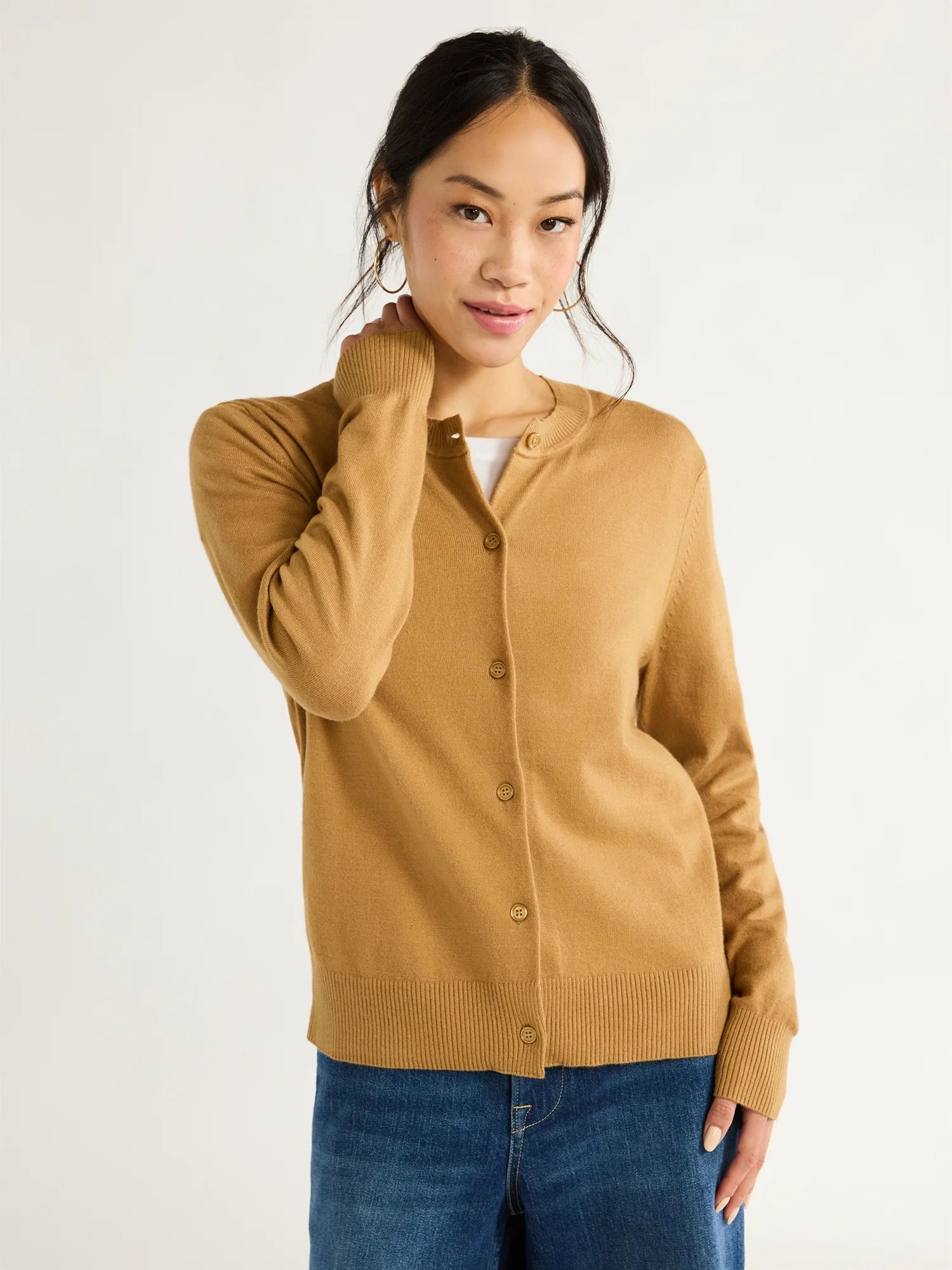 Free Assembly Women’s Crewneck Cardigan Sweater with Long Sleeves, Midweight, Sizes XS-XXL | Walmart (US)