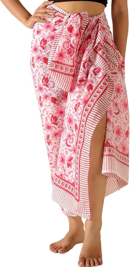 100% Cotton Sarong Coverup for Women Indian Hand Block Print Swimsuit Pareo Wrap Skirt Beach Biki... | Amazon (US)