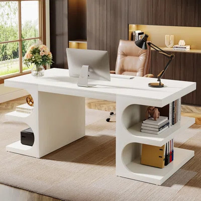 62" White Computer Desk For Home Office, Modern Executive Office Desk with  Storage Shelves | Wayfair North America