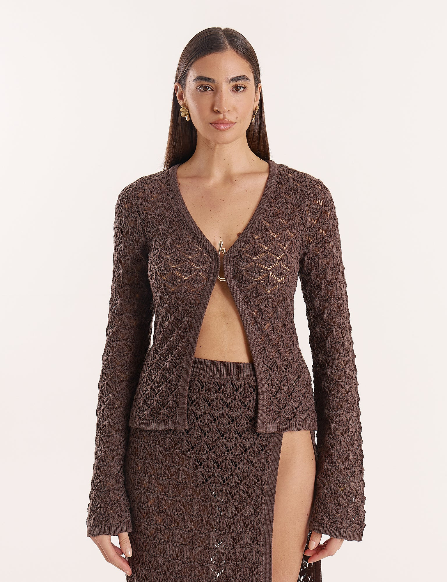 Women's Chocolate Brown Crochet Long Sleeve Top | Dellina | 4th & Reckless | 4th & Reckless