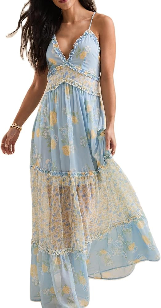 Women Spaghetti Strap Tie Shoulder Floral Maxi Dress Y2k Lace Trim Ruffle Long Dress Summer Boho ... | Amazon (US)
