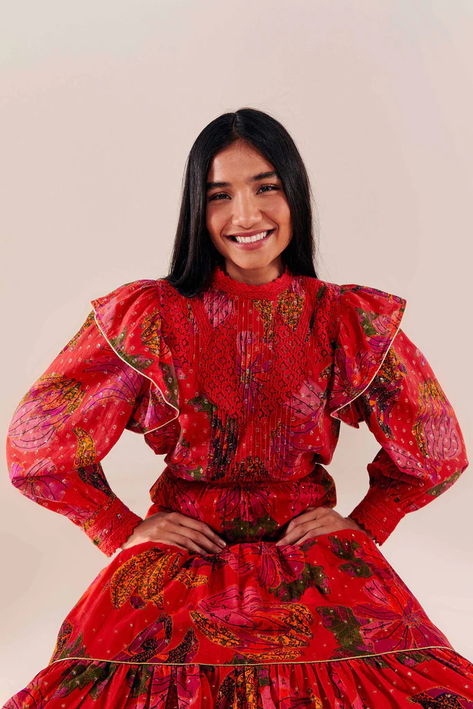 BANANA FLOWERS RUFFLE SLEEVE BLOUSE | FarmRio (US)