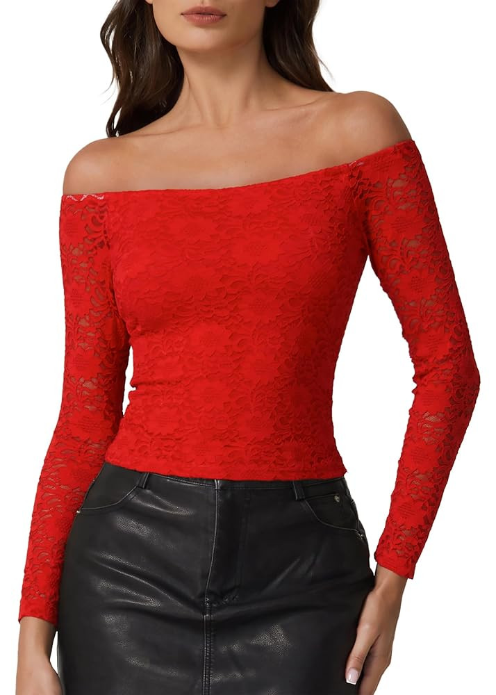 QINSEN Womens Lace Trim Off Shouder Top Long Sleeve Double Lined Y2k Trendy T Shirts | Amazon (US)