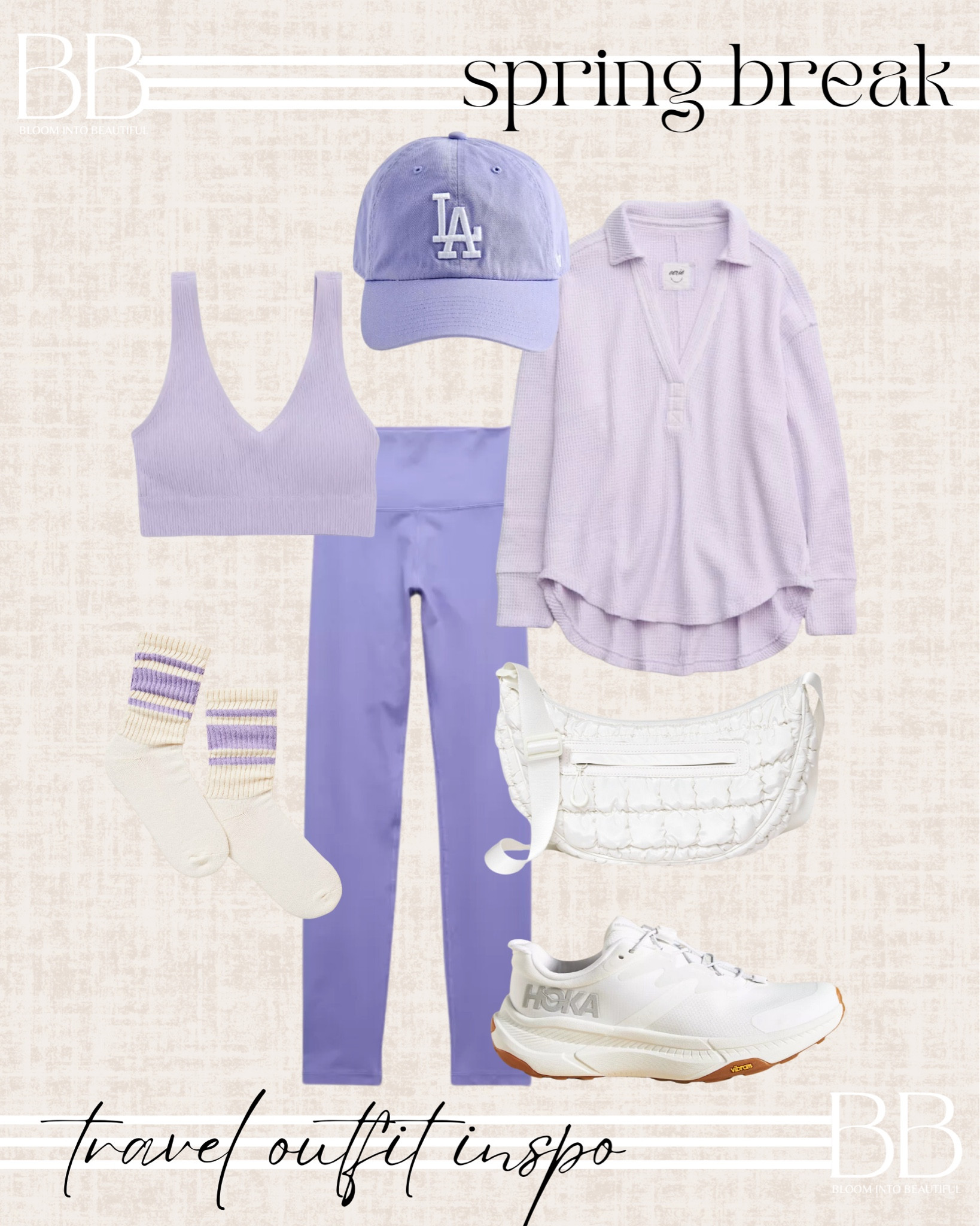 spring break outfit, travel outfit, purple baseball cap, purple pullover, purple leggings, hoka sneakers, white sneakers, crew socks, purple sports bra, crossbody bag, spring outfit

#LTKSeasonal #LTKtravel #LTKfindsunder50