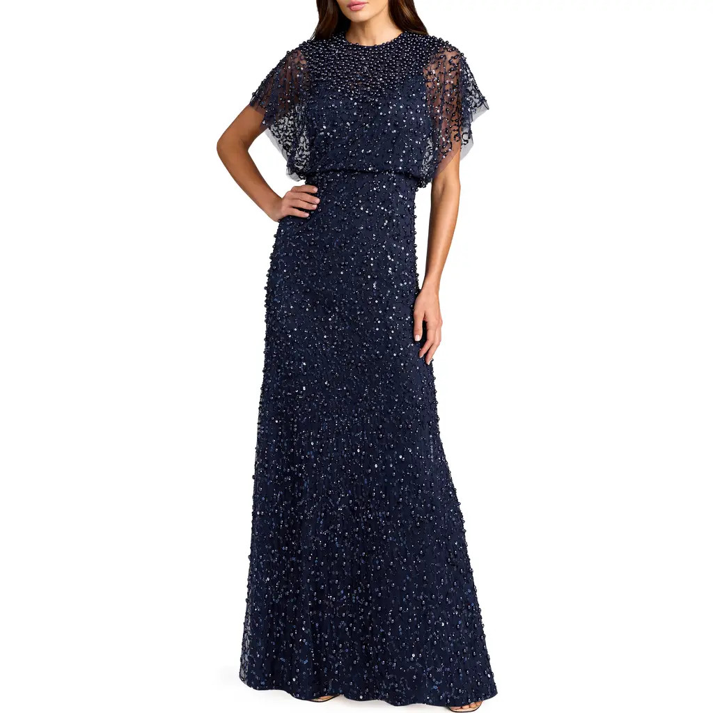 Mac Duggal Beaded Mesh Gown With Shawl in Midnight at Nordstrom, Size 6 | Nordstrom