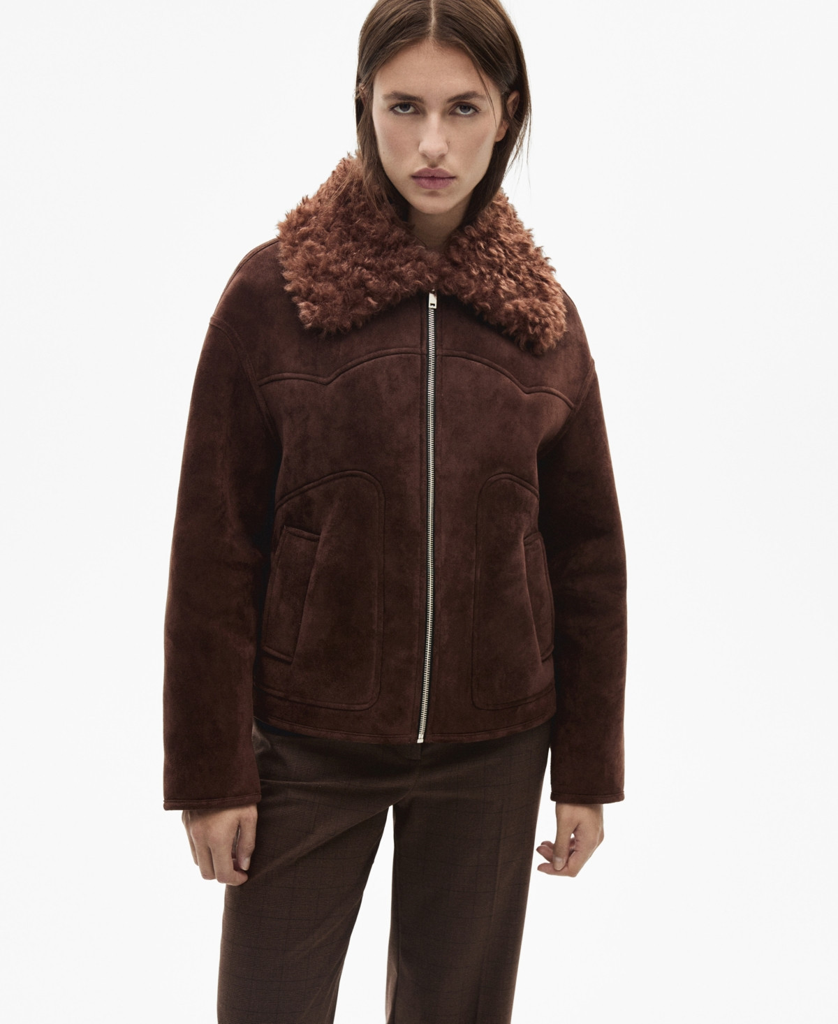 Mango Women's Suede-Effect Shearling Collar Jacket - Brown | Macy's