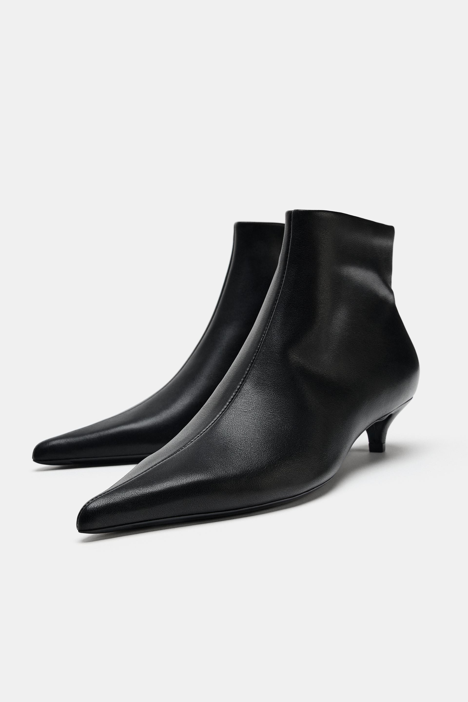 Zara - Leather Kitten Heel Ankle Boots - Black - 10 - Woman | Zara US