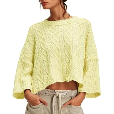 UNCLECAT Women's Cable Knit Cropped Sweaters Oversized Fall Sweater Long Sleeve Knit Trend… | Amazon (US)