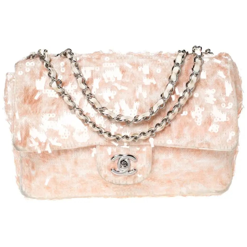 Chanel Peach/White Fabric and Sequins Medium Classic Single Flap Bag | 1stDibs
