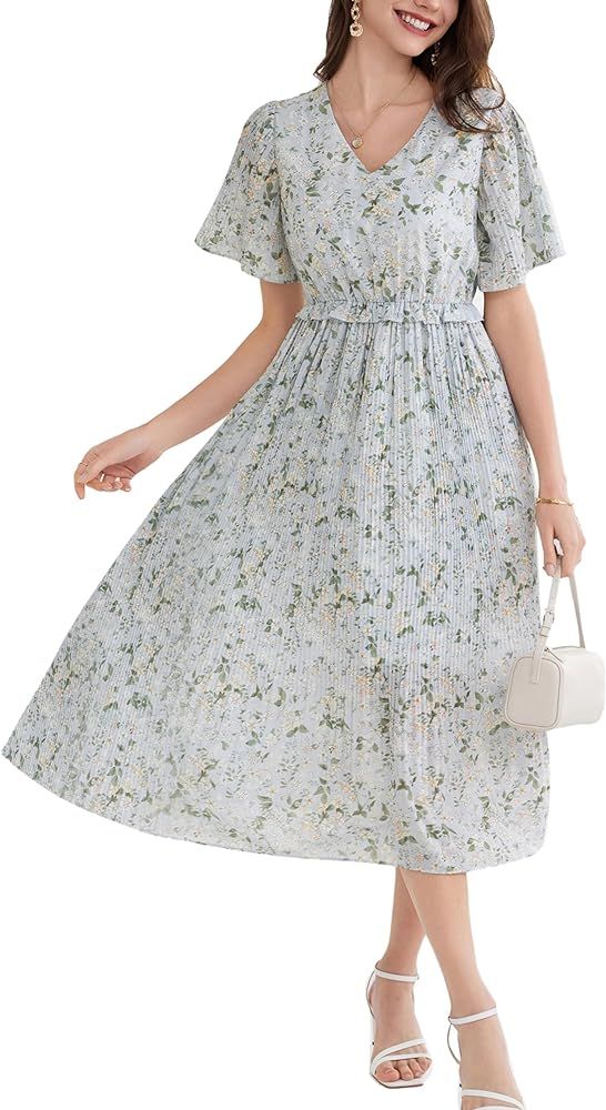 GRACE KARIN Women's 2024 Summer Boho Floral Dress Casual V Neck Short Flutter Sleeve Dress Flowy ... | Amazon (US)