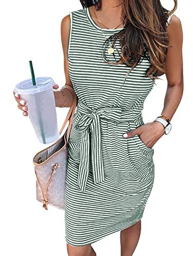 MEROKEETY Womens Summer Sleeveless Striped T Shirt Dress Casual Crew Neck Tie Waist Mini Dresses ... | Amazon (US)