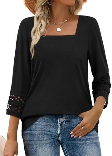 MixShe Tops for Women Square Neck 3/4 Sleeve Lace Trim Casual Lightweight Blouses | Amazon (US)