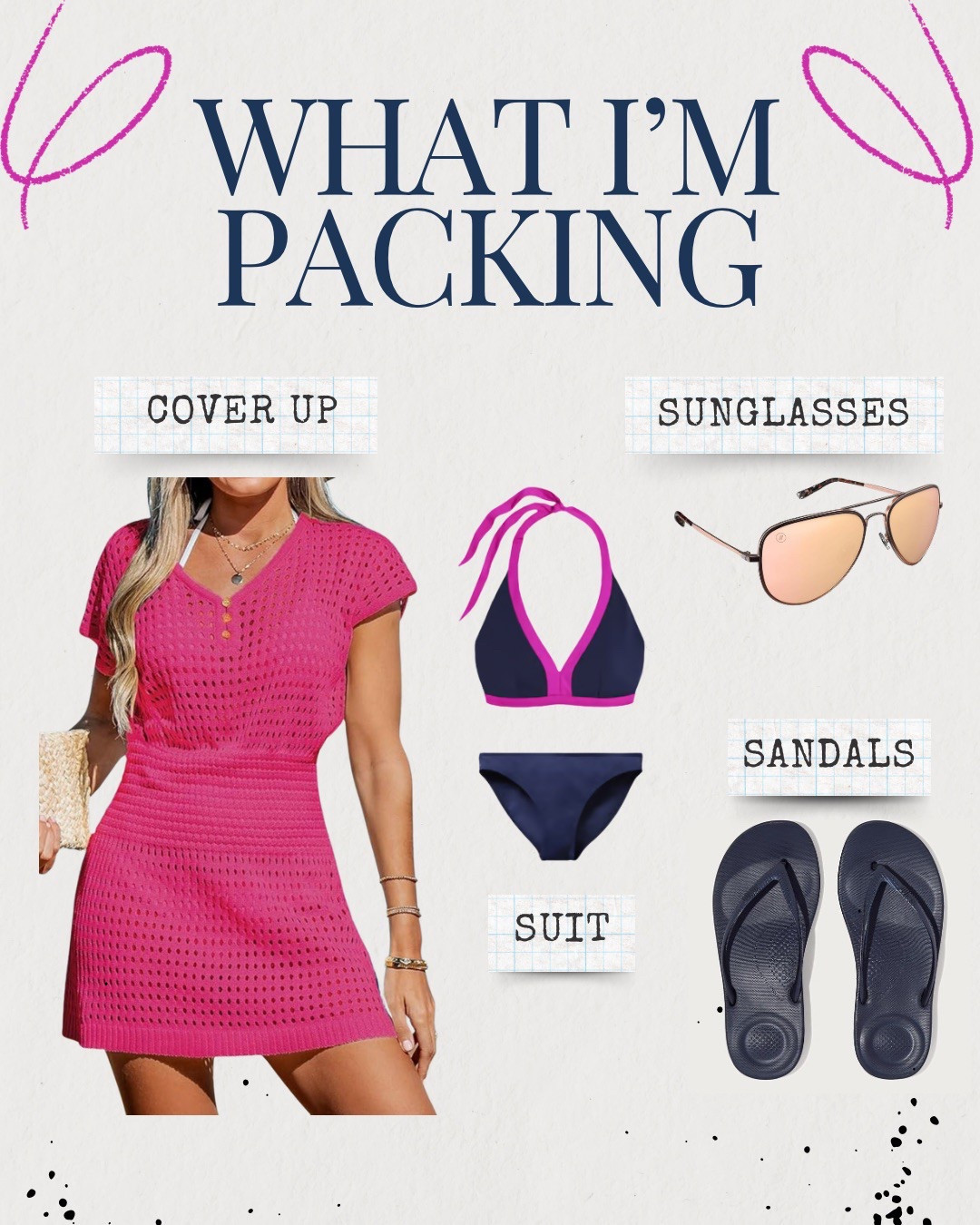 This Navy & Pink combo is one I’m loving for vacation and summer vibes!  

The cover up is TTS and so adorable and comfortable.  I’m 5’6, athletic build and got a medium.  

Swim suit comes in one or two piece and runs a little small I’d say.  Size up if between sizes.  

Sunglasses are classic aviator and will never go out of style.  

I get a pair of these fit flop Iqushion ergonomic sandals almost every year and you can walk all day in them without feet getting sore.  Way more support than the flimsy flip flops you’re used to!  Many colors and TTS.  

#LTKSwim #LTKSeasonal #LTKOver40