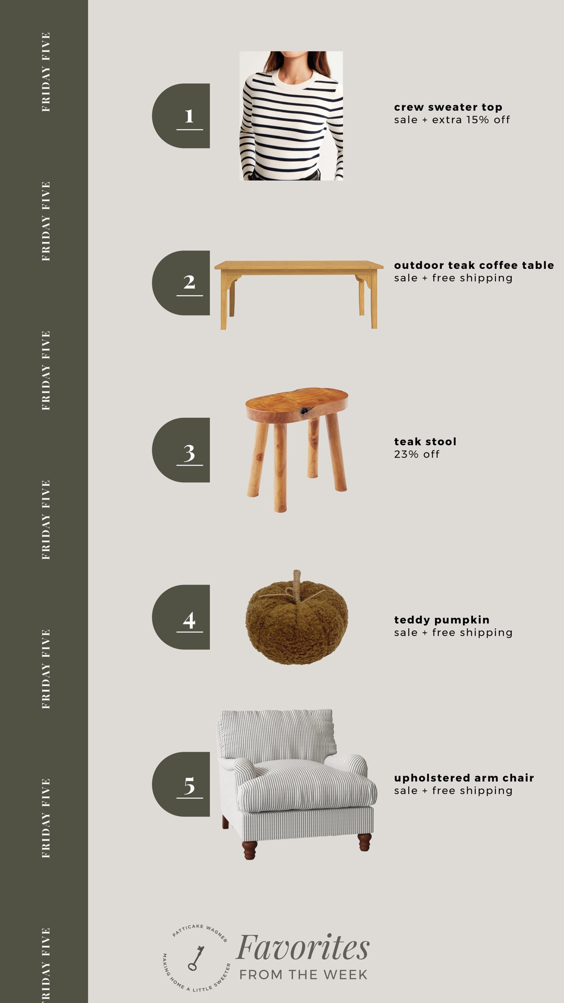 Friday Five: your favorites from the week. Lots are on sale for Labor Day! | striped crew sweater, outdoor teak coffee table, teak stool, pumpkin figure, upholstered arm chair |

#LTKSaleAlert #LTKStyleTip #LTKHome