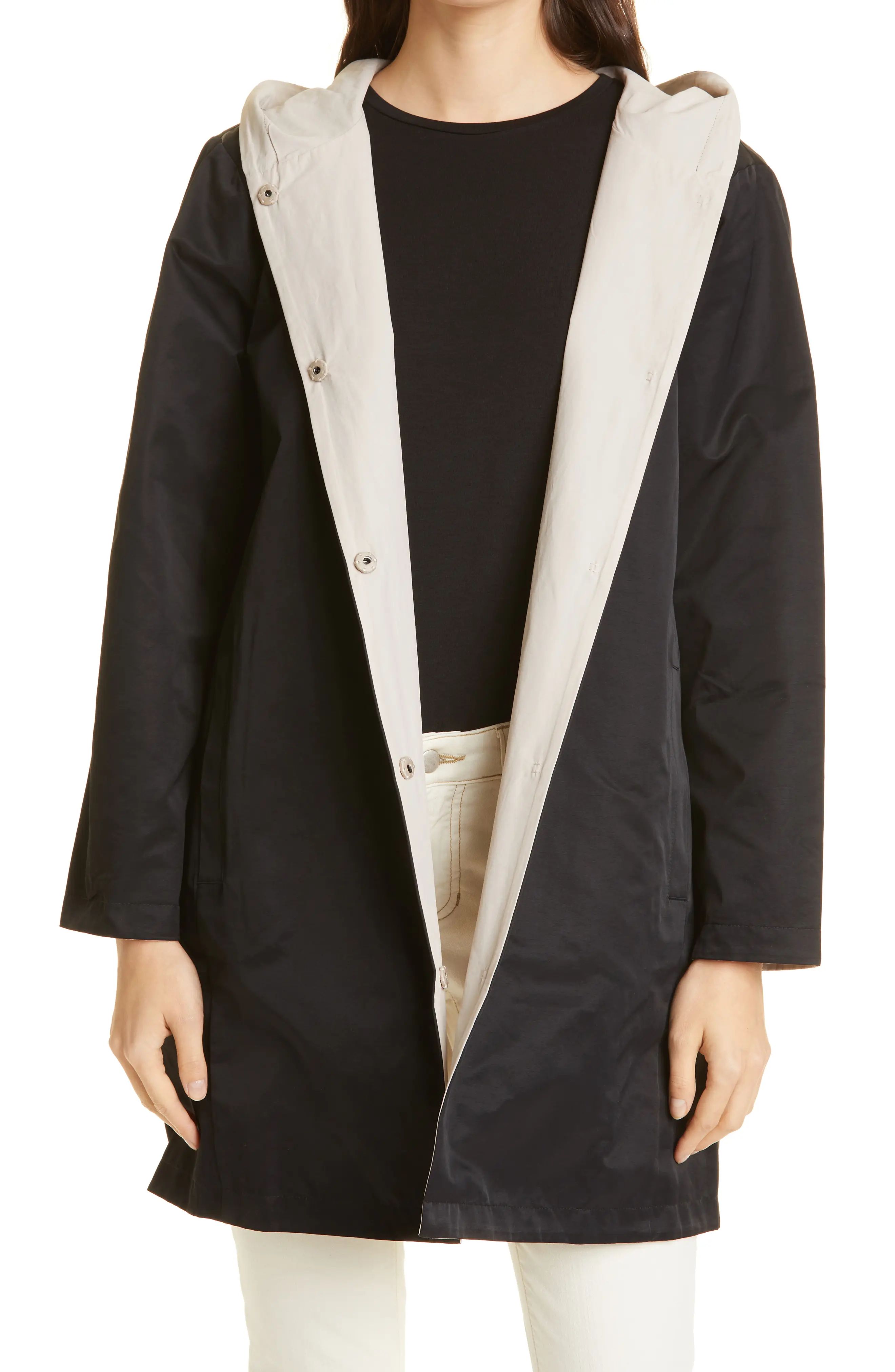 Eileen Fisher Reversible Hooded Jacket in Black at Nordstrom, Size X-Large | Nordstrom