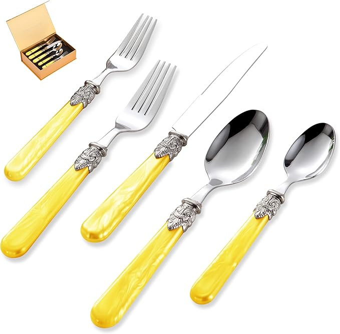 20 pieces 18/10 Stainless Steel Silverware Sets With Yellow Handle,Vintage Cutlery Sets,Sliverwar... | Amazon (US)