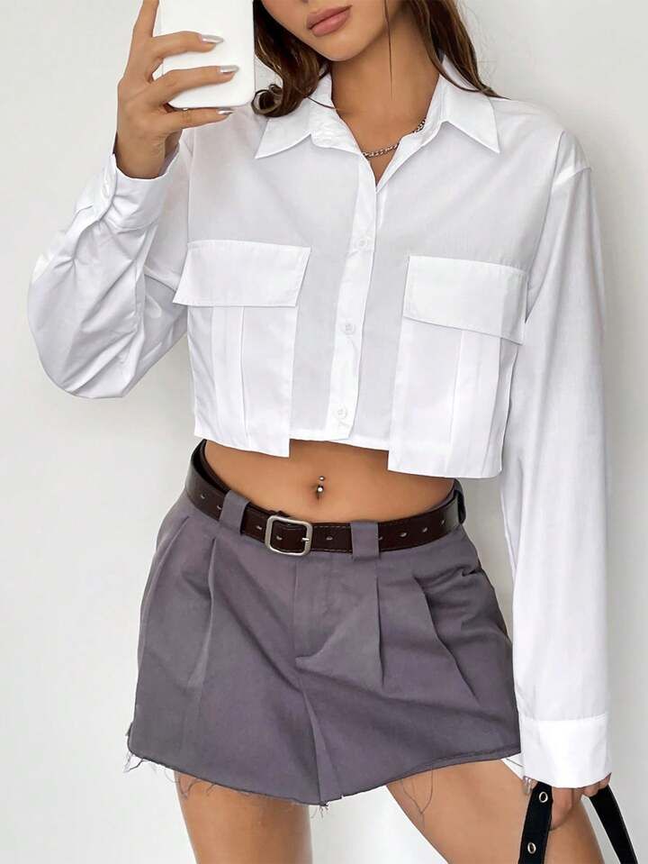 SHEIN EZwear Flap Pocket Button Front Crop Shirt | SHEIN