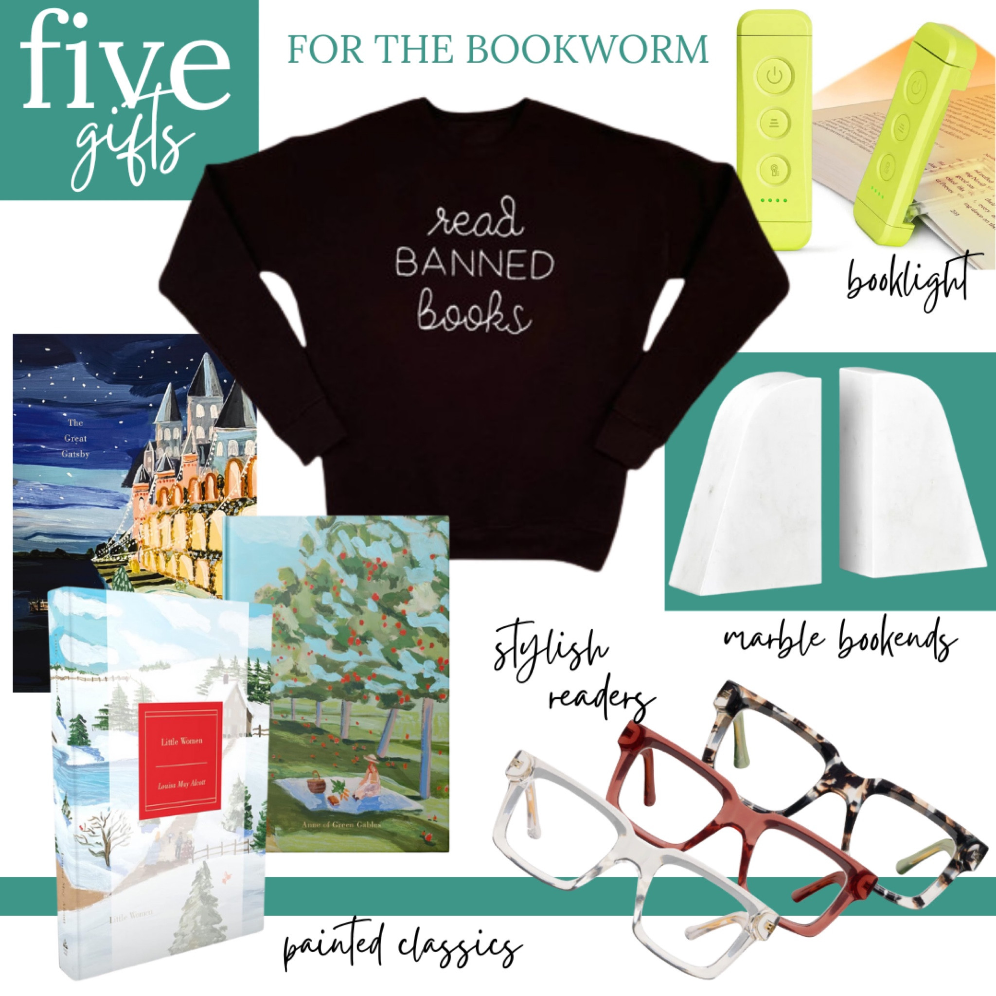 5️⃣ gift ideas for the bookworm

Book lovers, readers, glasses, marble, bookends, clip on rechargeable light, banned books sweatshirt 

#LTKCyberWeek #LTKHoliday #LTKGiftGuide