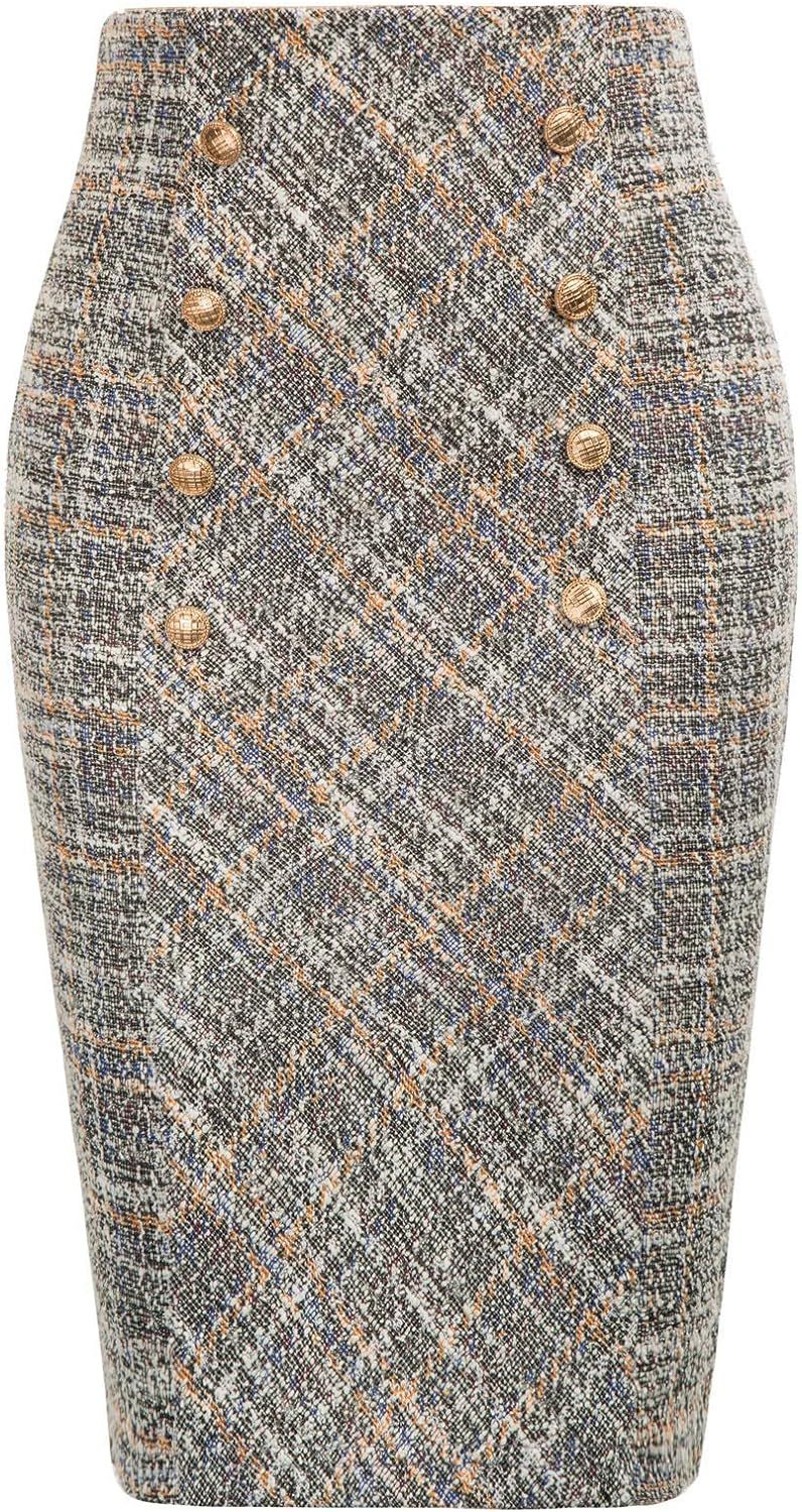 Belle Poque Women's Tweed Skirt Stretchy Business Pencil Skirt Double Breasted | Amazon (US)