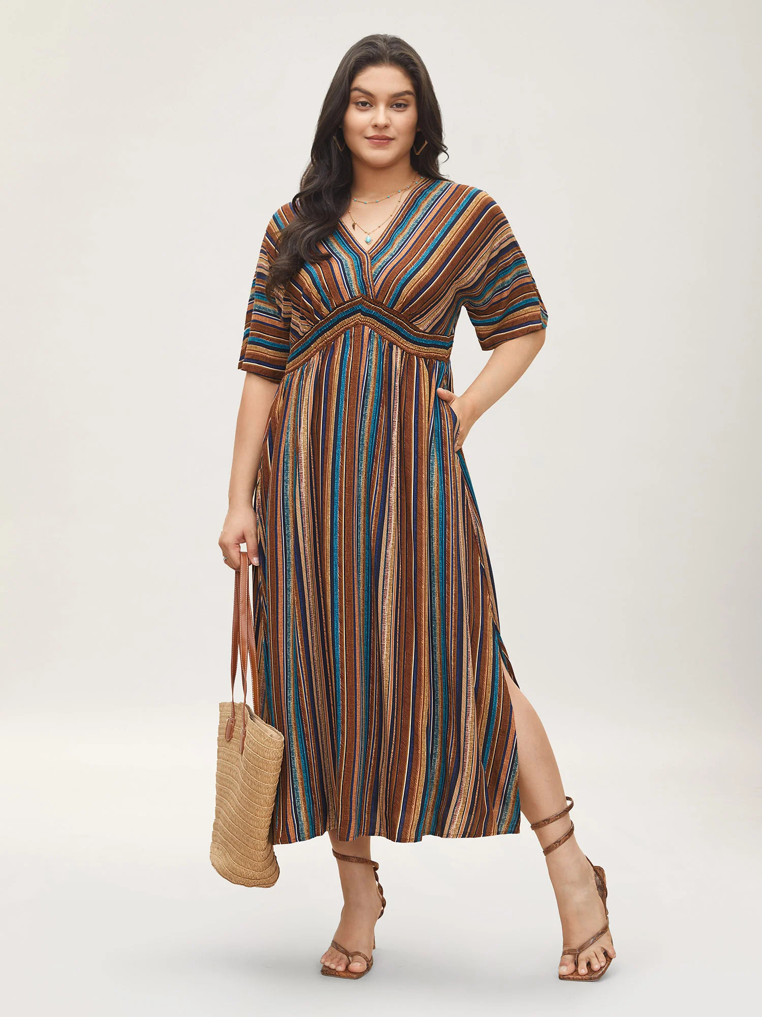 Striped Contrast Dolman Sleeve Shirred Pocket Split Flutter Dress | Bloomchic