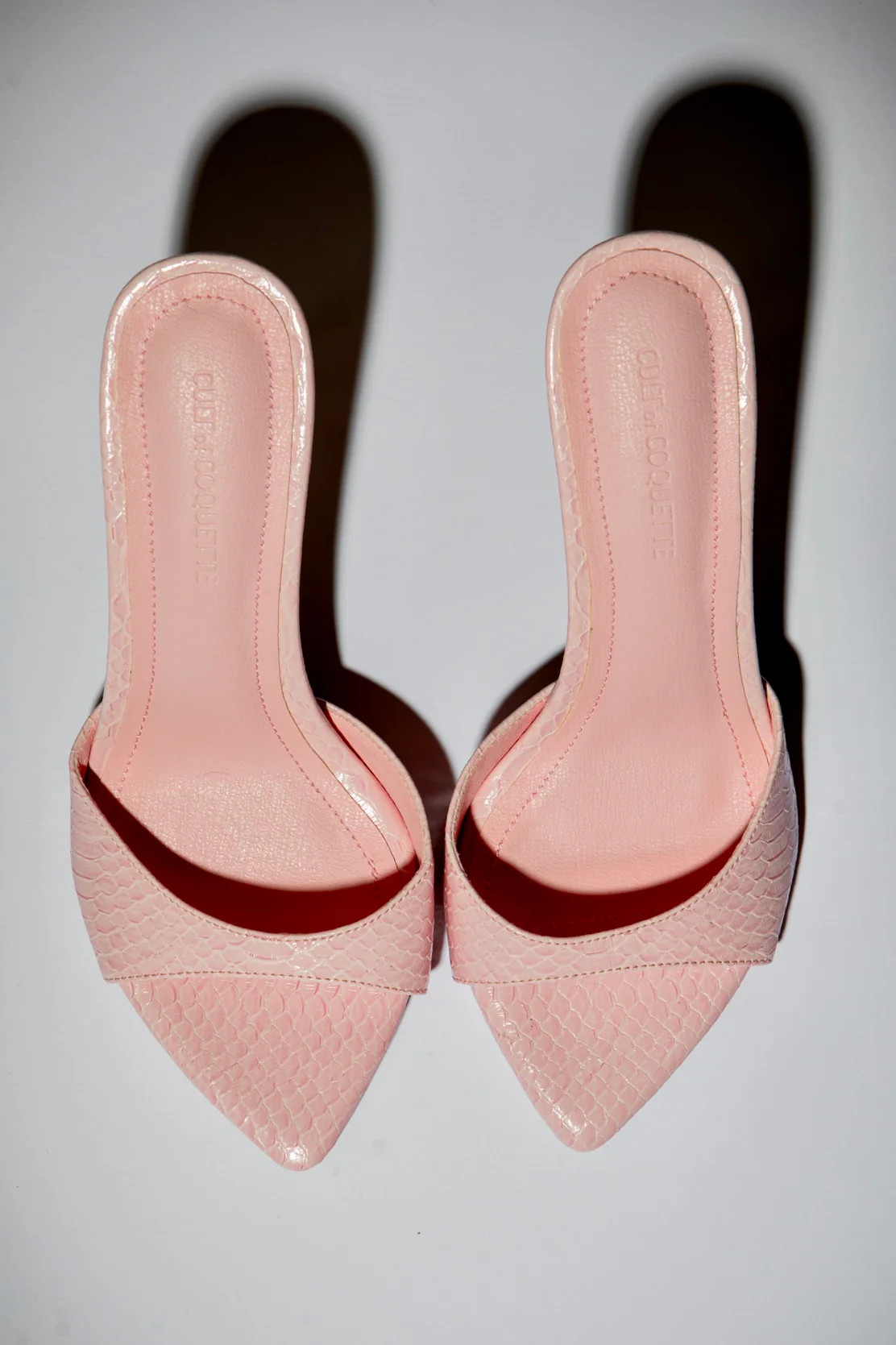 Gia Powder Pink Reptile Vegan Mules 80 mm | CULT OF COQUETTE