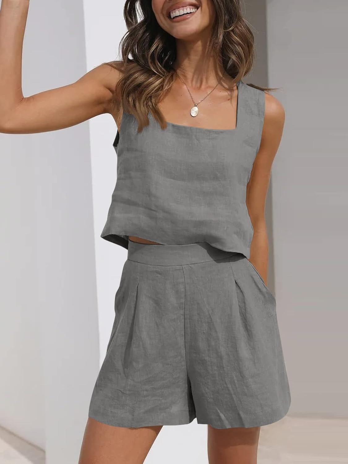 AUTOMET Womens 2 Piece Outfits Lounge Matching Sets Two Piece Linen Shorts Crop Tops 2023 Trendy ... | Amazon (US)