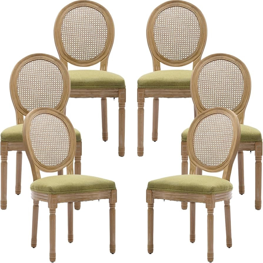 French Country Dining Chairs Set of 6, Olive Cane Back Rattan Dining Chairs with Linen Upholstere... | Amazon (US)