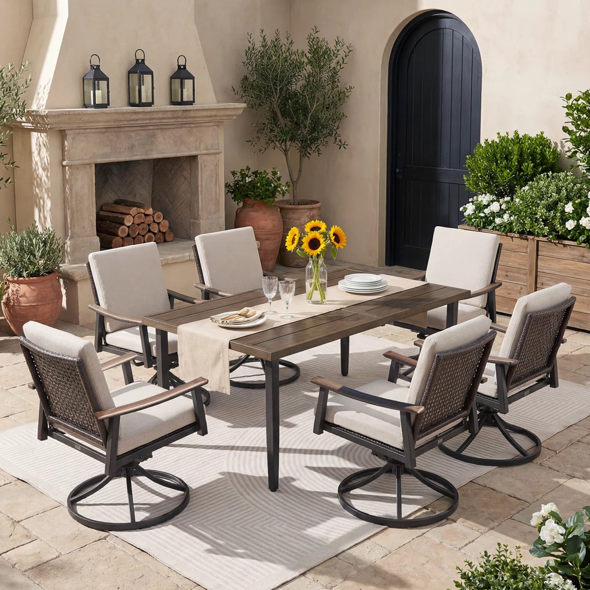 7 Piece Outdoor Dining Table Set With 6 Rattan Swivel&Rocking Chairs | Wayfair North America