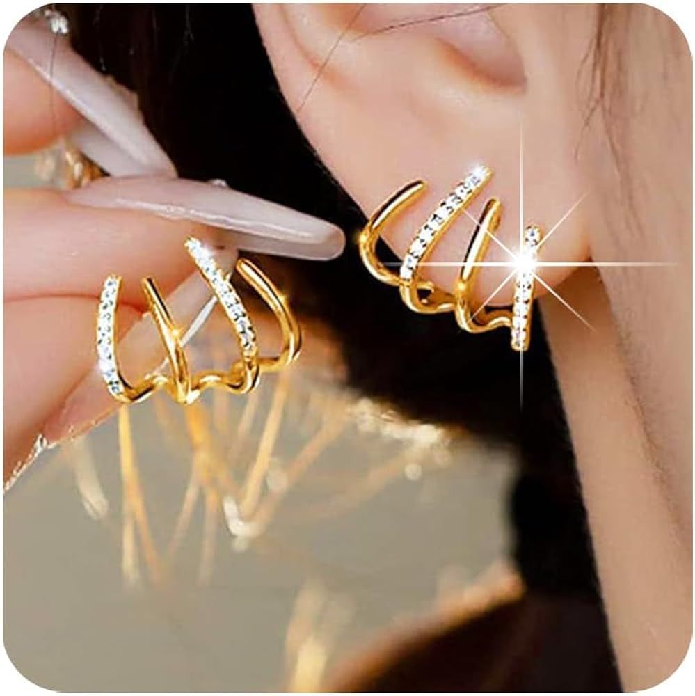 PANSHI Sterling Silver Post Cubic Zirconia Half Hoop Stud Earrings Looks Like 4 Gold Hoop Earring... | Amazon (US)