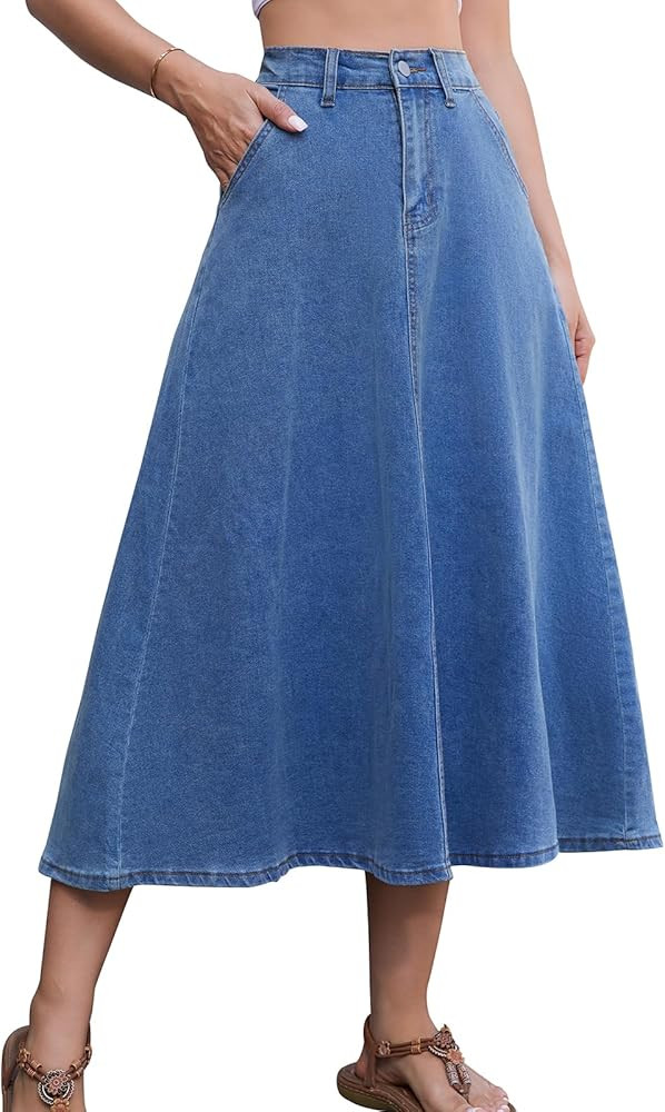 HUSKARY Women's Stretchy High Wasited A Line Long Maxi Jean Skirt Below Knee Length Flared Midi D... | Amazon (US)