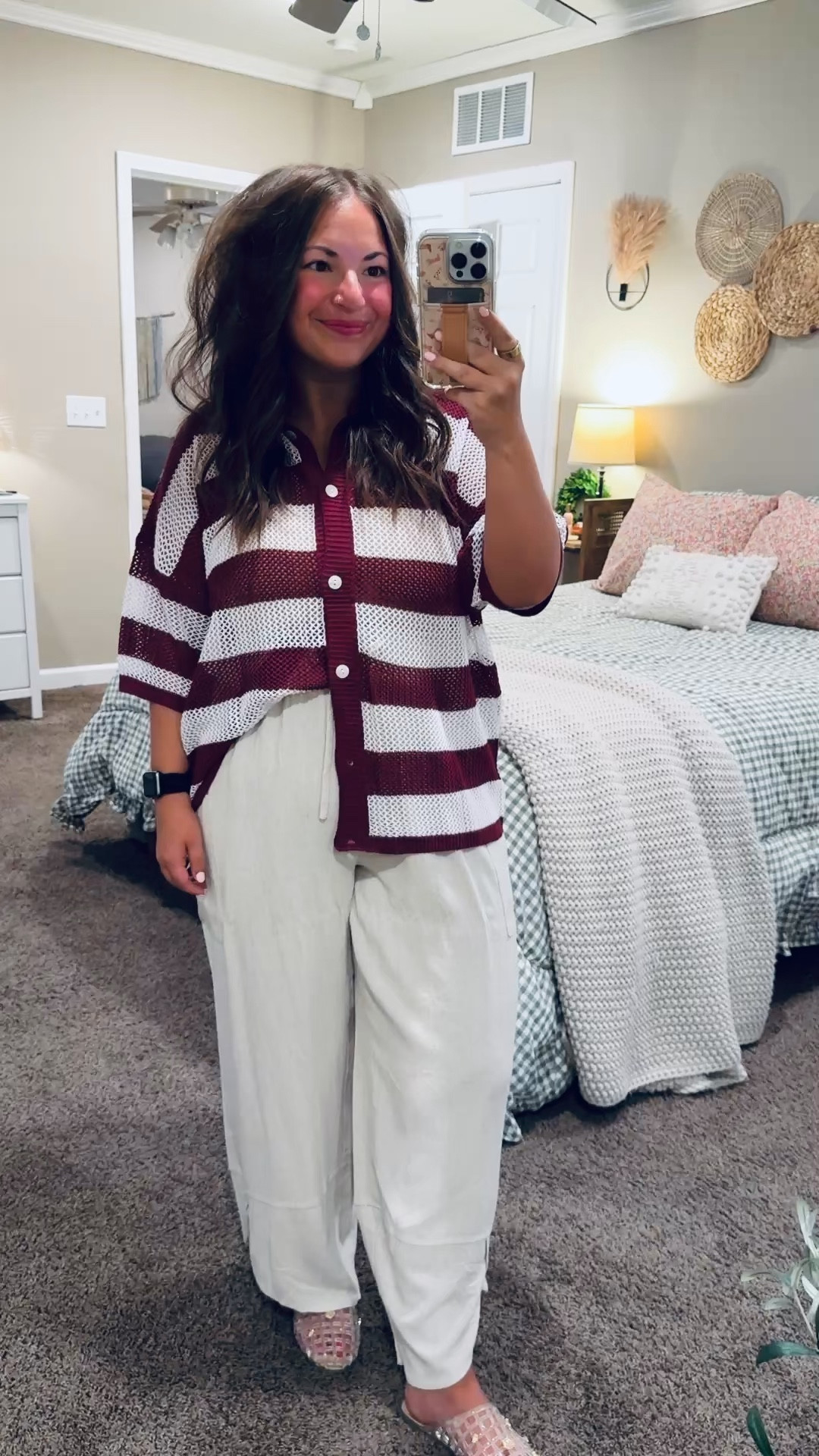 Classroom-ready & comfy 🤍 This striped short sleeve sweater +  pants from Amazon is such an easy win—polished enough for school but feels like you’re in loungewear 🙌 Perfect for busy days when you still want to look put together without overthinking it! ✏️📚

jelly flats: fit true to size // wearing a 5 (surprisingly comfy)
pants: fit true to size // wearing a large
button up sweater: fits true to size // wearing a large 

 #LTKootd #LTKMidsize #LTKWorkwear