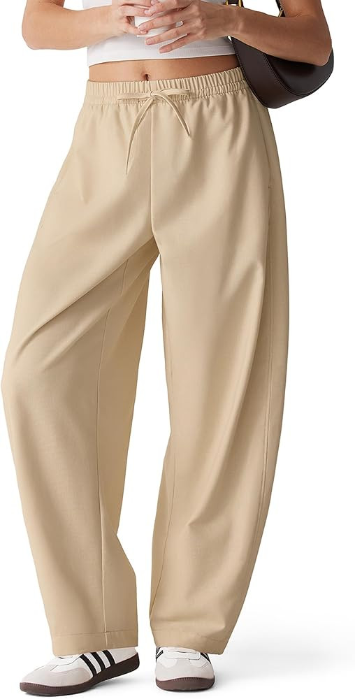 Amazon.com: MOOSLOVER Women Linen Lightweight Barrel Striped Pants Drawstring Comfort Casual Loun... | Amazon (US)